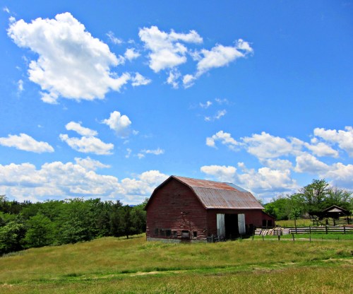 A red barn stands in a green field under a bright blue sky with fluffy white clouds.