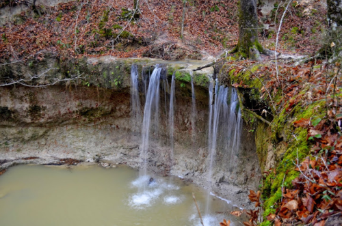 A serene waterfall cascading into a muddy pool, surrounded by autumn leaves and moss-covered rocks.