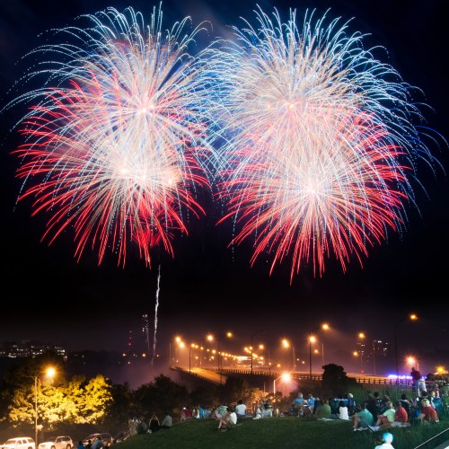 Colorful fireworks illuminate the night sky over a crowd gathered on a hill, with a bridge in the background.
