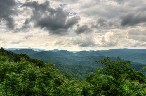 A panoramic view of rolling green mountains under a cloudy sky, with lush vegetation in the foreground.