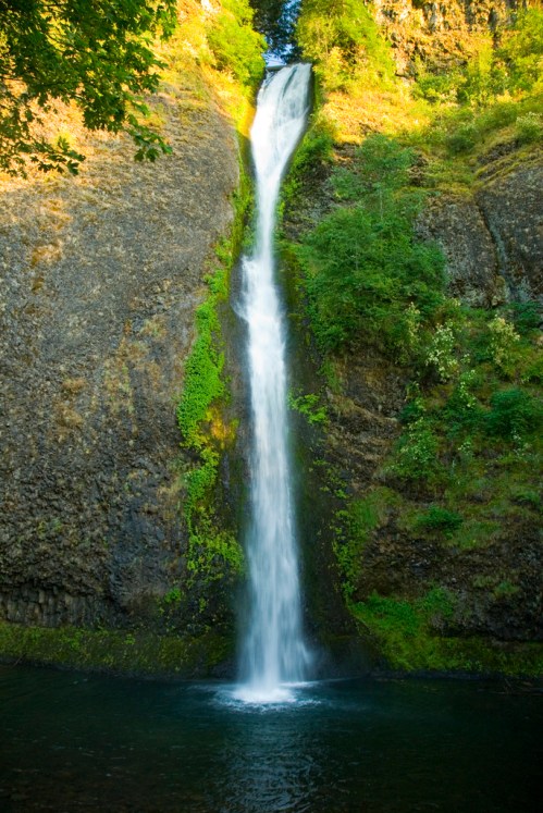A serene waterfall cascading down a rocky cliff, surrounded by lush greenery and reflecting in a calm pool below.