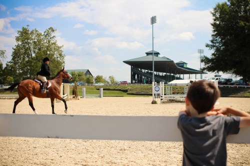 A child watches a rider on a horse in an equestrian arena with a grandstand in the background.