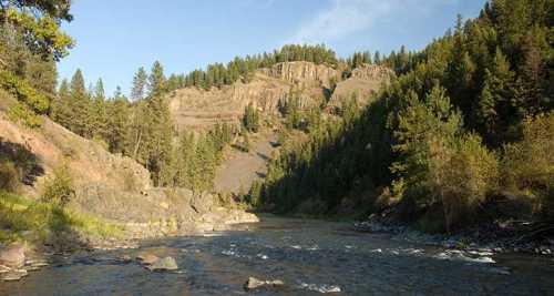 A serene river flows through a forested landscape, with rocky hills and trees lining the banks under a clear blue sky.