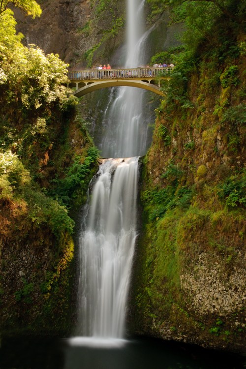 A scenic waterfall cascades down rocky cliffs, with a bridge above and lush greenery surrounding the area.