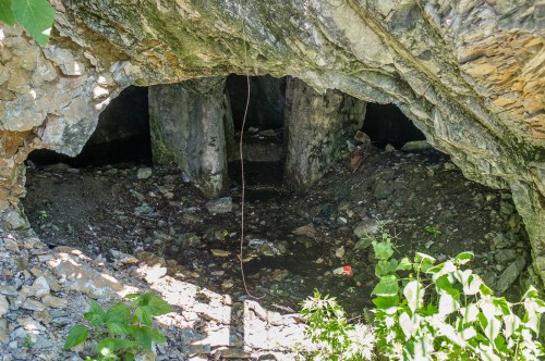 A rocky cave entrance with a view of the dark interior and scattered stones, surrounded by greenery.
