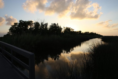 Sunset over a calm river, reflecting clouds and trees, with a wooden walkway in the foreground.