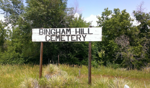 Sign for Bingham Hill Cemetery surrounded by greenery and trees under a clear blue sky.