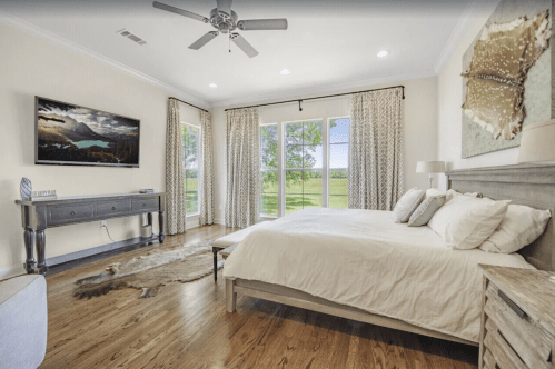 Bright, modern bedroom with a large bed, TV, and windows overlooking a green landscape. Wood floors and soft decor.