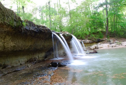 A serene waterfall cascades over rocky cliffs into a calm, green-tinted pool surrounded by lush trees.