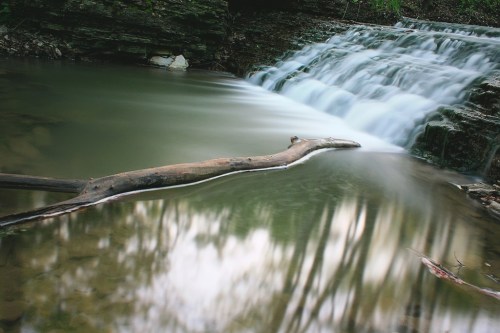 A serene waterfall cascades over rocks, with a log resting in the calm water, surrounded by lush greenery.