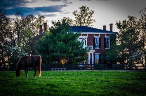 A brown horse grazes in a green field in front of a large brick house surrounded by trees at sunset.