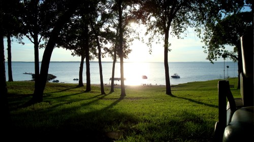 A serene lakeside view at sunset, with trees casting shadows on the grass and boats in the distance.
