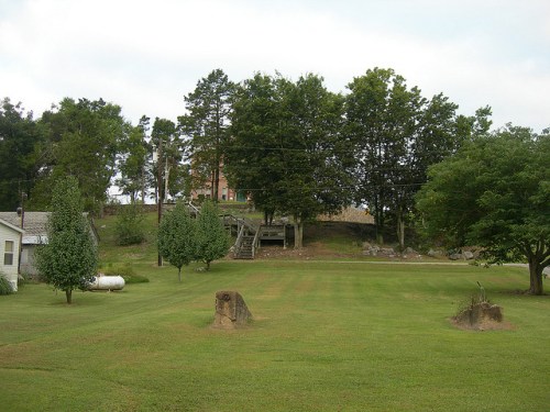 A grassy area with trees and a house in the background, featuring a few stumps and a propane tank.
