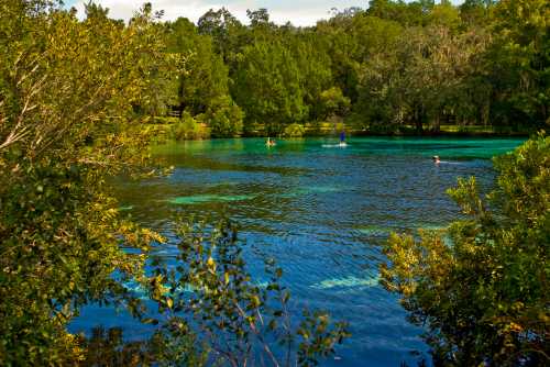 A serene blue lake surrounded by lush greenery, with a few people kayaking in the distance.