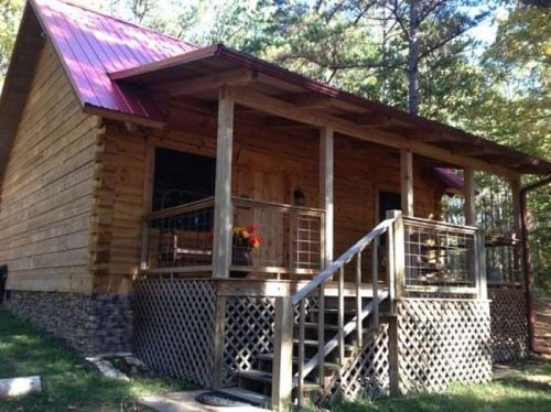 A wooden cabin with a red metal roof, featuring a porch and steps, surrounded by trees and greenery.