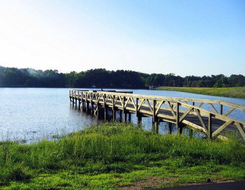 A wooden pier extends into a calm lake, surrounded by lush greenery and trees under a clear blue sky.