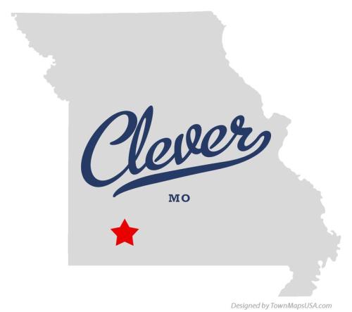 Map of Missouri highlighting Clever, MO, with the word "Clever" in a stylish font and a red star marking the location.