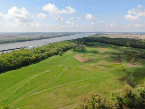 Aerial view of a lush green landscape with a winding river and scattered trees under a partly cloudy sky.