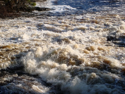 Raging river with turbulent, frothy water flowing over rocks in a natural setting.