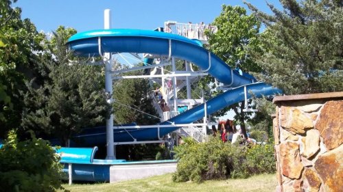 A blue water slide at a park, surrounded by trees and people enjoying the sunny day.
