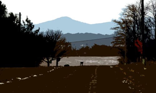 A stylized landscape featuring a road, trees, and mountains in the background, with a deer near the roadside.