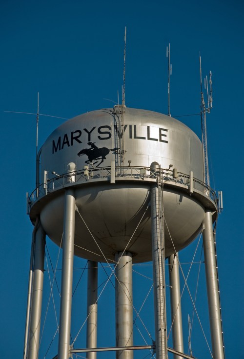 Water tower in Marysville, featuring a silhouette of a horse and antennas against a clear blue sky.