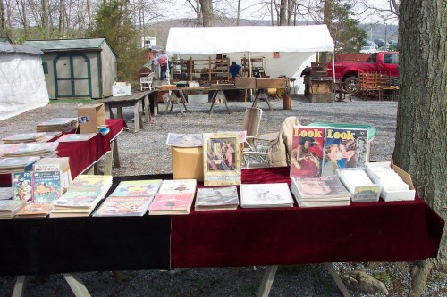 A table at a market displaying various books and magazines, with tents and people in the background.