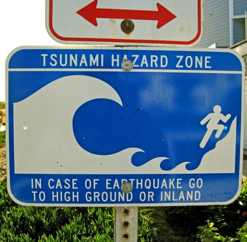 Sign indicating a tsunami hazard zone, featuring a wave and a figure running, with instructions to seek high ground.