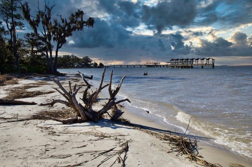 A serene beach scene with a weathered pier, driftwood, and dramatic clouds over calm waters.
