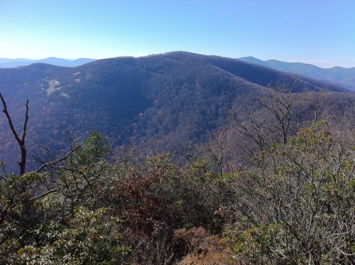 A scenic view of rolling mountains under a clear blue sky, with trees and foliage in the foreground.