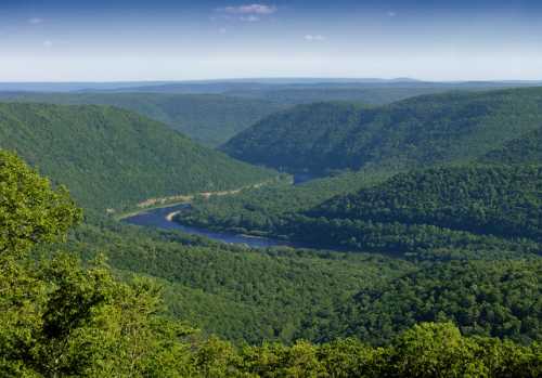 A panoramic view of lush green mountains and a winding river in a valley under a clear blue sky.