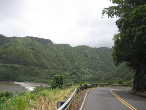 Winding road alongside lush green hills and a river under a cloudy sky.