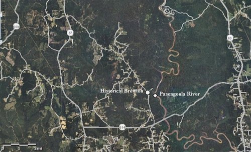 Map showing the Pasagoula River and the location of Historical Brewton, with surrounding roads and terrain.