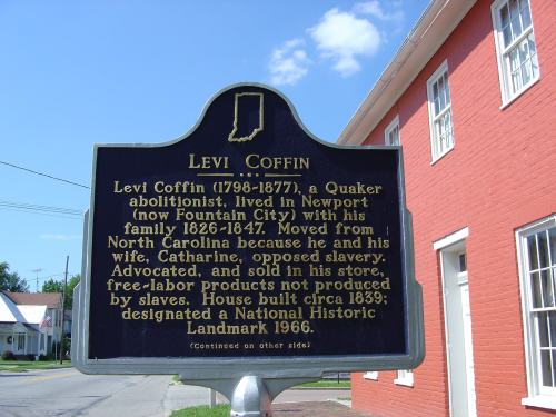 Historical marker for Levi Coffin, a Quaker abolitionist, detailing his life and contributions in Newport, Indiana.