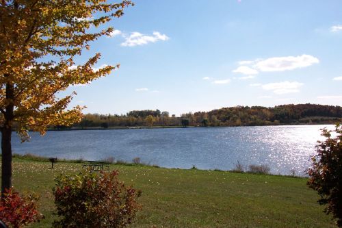 A serene lake surrounded by trees with autumn foliage under a clear blue sky and fluffy white clouds.
