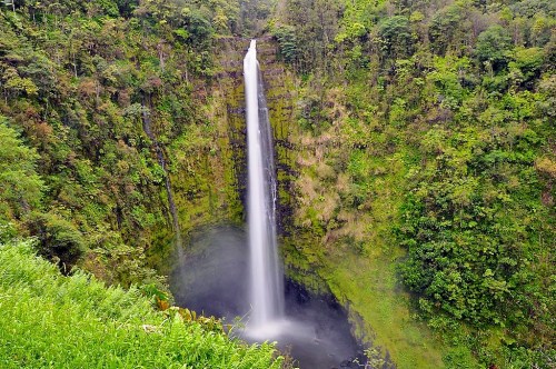 A tall waterfall cascades down a lush, green cliff surrounded by dense vegetation. Mist rises from the base.