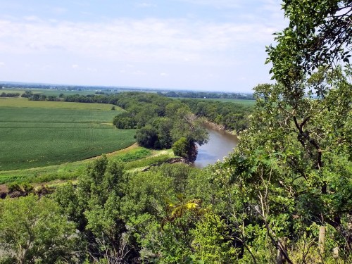 A scenic view of a winding river surrounded by lush green fields and trees under a clear blue sky.