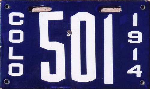 A vintage Colorado license plate from 1914, featuring the number 501 in bold white letters on a blue background.