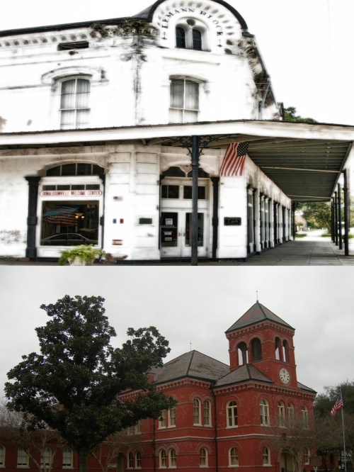 Historic buildings with distinct architectural styles; one is white and weathered, the other is red with a clock tower.