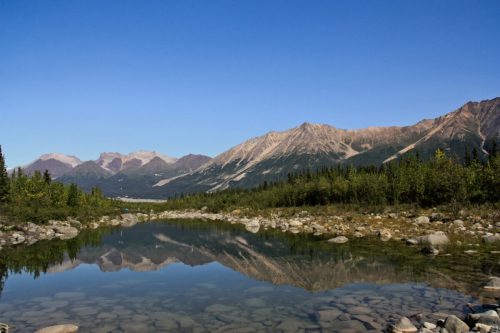 A serene landscape featuring a calm river reflecting mountains and clear blue skies, surrounded by lush greenery.
