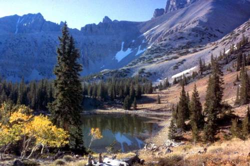 A serene mountain landscape featuring a calm lake, tall trees, and rugged peaks under a clear blue sky.