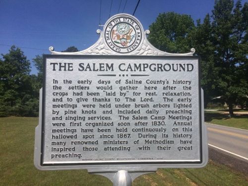 Historical marker about the Salem Campground in Saline County, detailing its significance and early meetings.