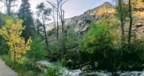 A serene river flows through a rocky landscape, surrounded by trees and autumn foliage under a clear sky.