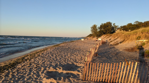 A sandy beach with gentle waves, bordered by grass and wooden fencing under a clear sky at sunset.