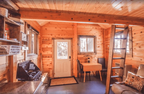 Cozy wooden cabin interior with a dining table, ladder, and large windows letting in natural light.