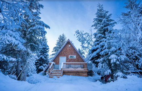 A cozy A-frame cabin surrounded by snow-covered trees in a winter landscape.