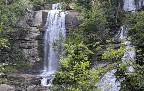 A serene waterfall cascading over rocky cliffs, surrounded by lush green trees and foliage.