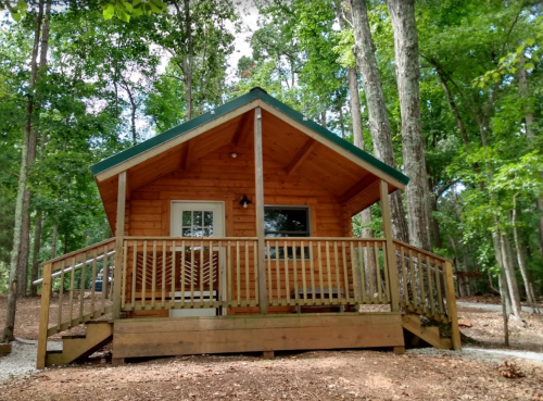 A cozy wooden cabin with a green roof, surrounded by trees and a wooden deck in a natural setting.