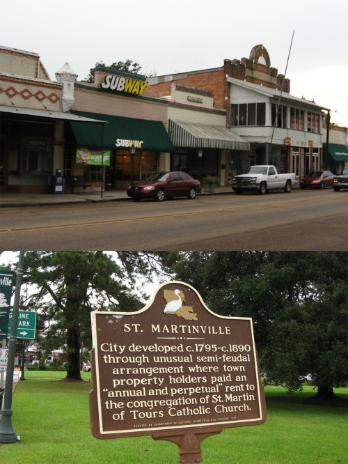 A street view of a Subway restaurant and historic buildings, with a sign about St. Martinville's development history.