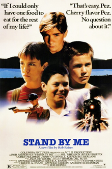 Movie poster for "Stand By Me," featuring four boys and quotes about food and Pez, set against a nostalgic backdrop.